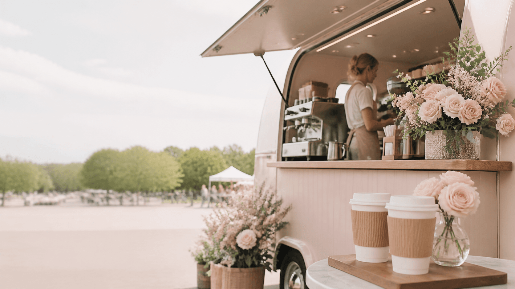 A blush mobile coffee van set up with flowers and takeaway cups at an outdoor event.